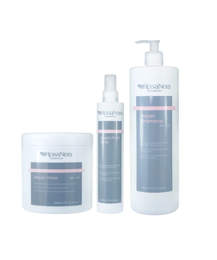 RosaNera ZESTAW Repair rekonstrukcja Anti-Age do włosów zniszczonych szampon + maska +spray